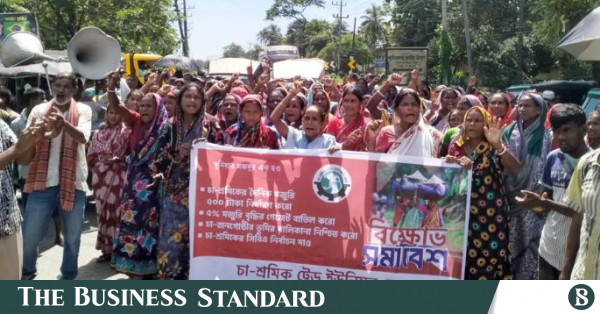 দৈনিক ৫০০ টাকা মজুরির দাবিতে চা শ্রমিকদের মহাসড়ক অবরোধ